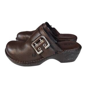 Born Women's Brown Pebbled Leather Mules/ Clogs Comfort Shoes Silver Buckle 8
